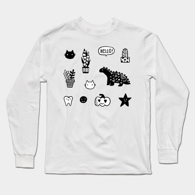 Funny set with cat, dino, pumpkin, tooth, star, plant, cacti Long Sleeve T-Shirt by kostolom3000